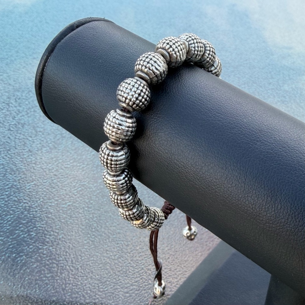 2 Chic Silver Tone Textured Bead Adjustable Bracelet